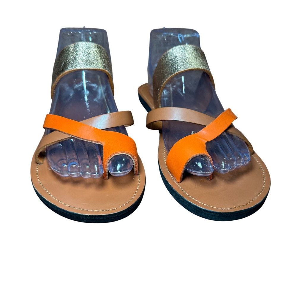 Ikwetta Handcrafted Leather Sandals Kenya Orange Gold Strappy Flat Slides 41 - Picture 5 of 11